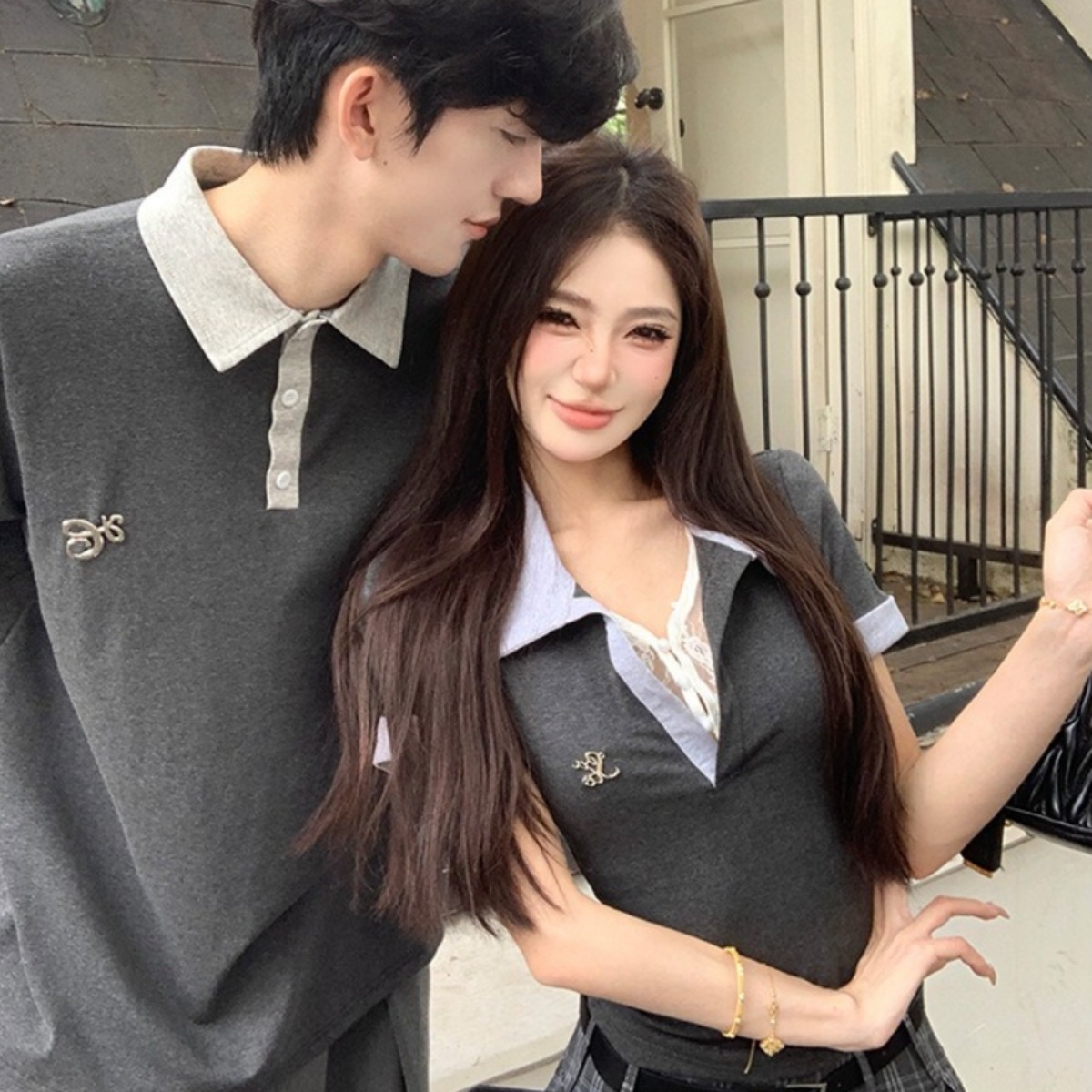 カップルペアルック クラシックグレー バイカラーポロトップス